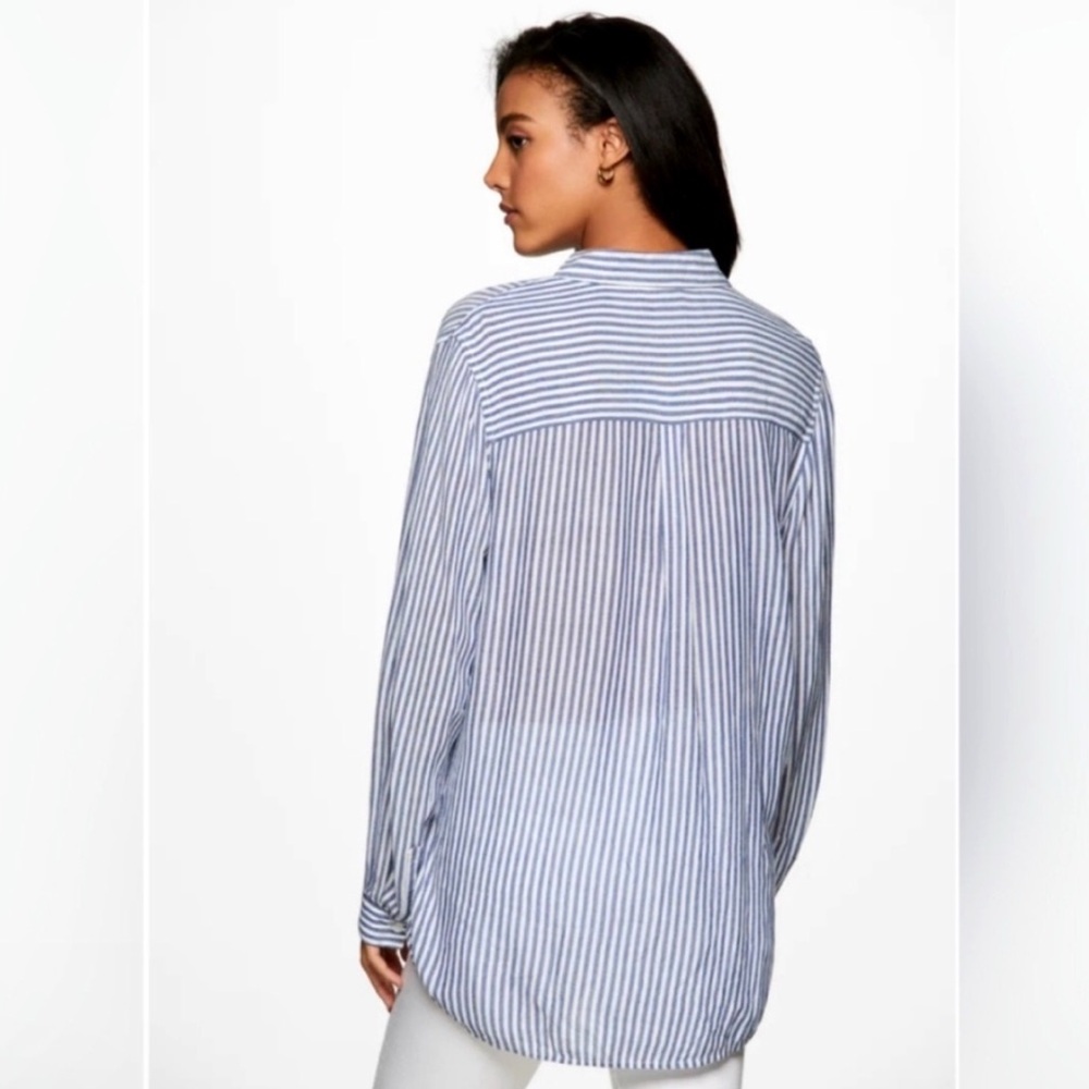 beachlunchlounge Blue-Grey & White Stripe Rayon Button Down Boyfriend Shirt S/P - Picture 8 of 14
